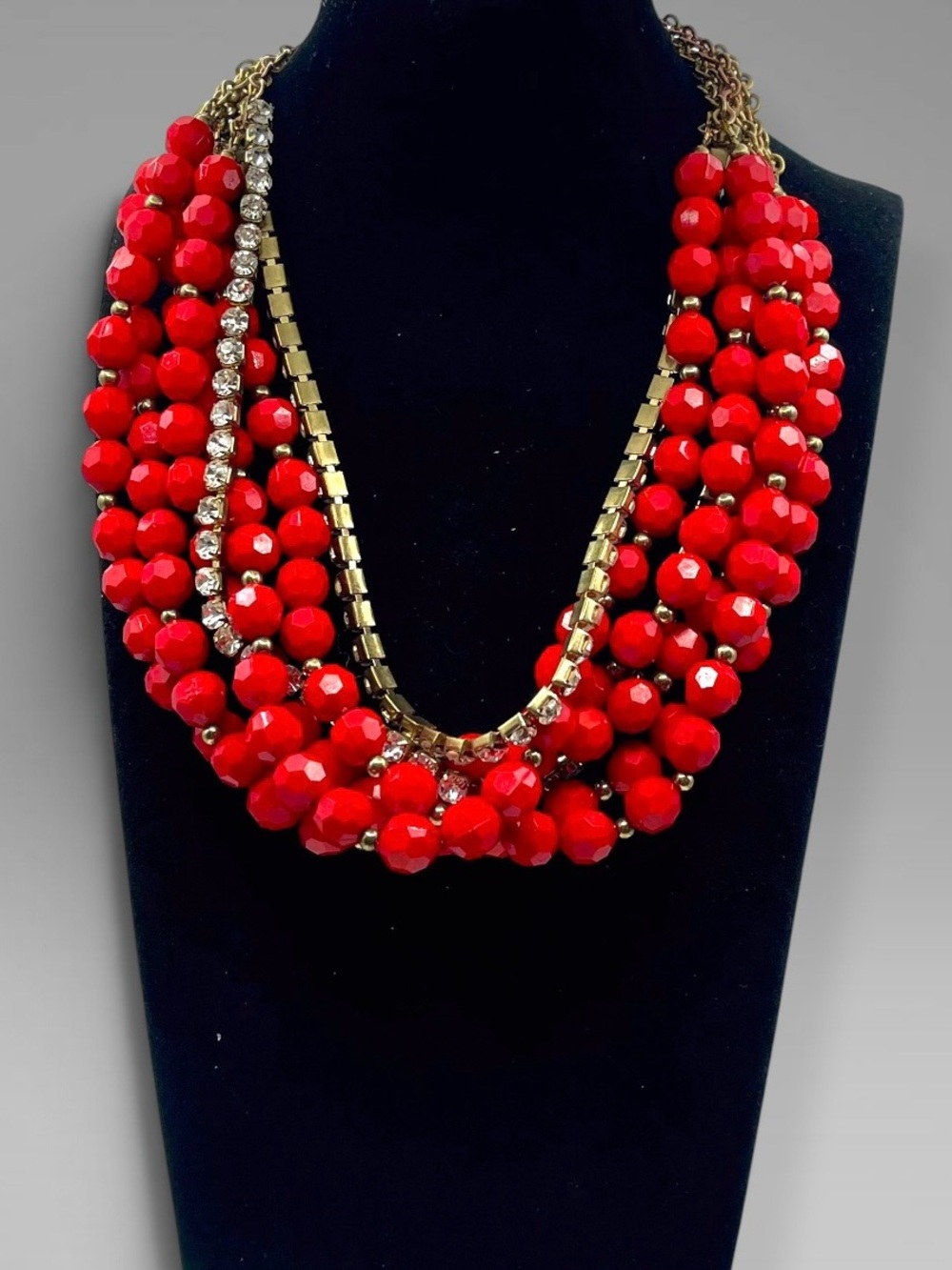 Vibrant Vintage Multi Strand Red Beaded Rhinestone Statement Bib Necklace